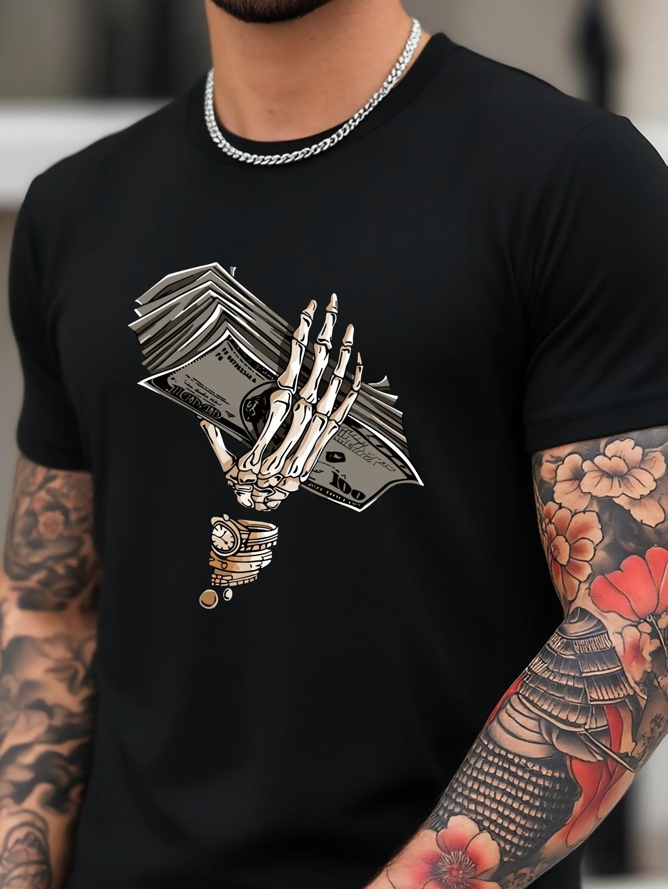 6264 Cotton Blend Graphic Print T-shirt - Skeleton Hands Dollar Bill Design M