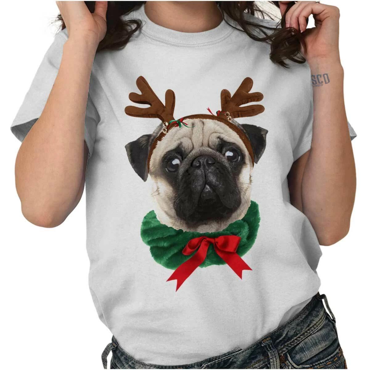 Cute Christmas Dog Xmas Reindeer Pug Wreath Womens or Mens Crewneck T Shirt Tee XXXXL
