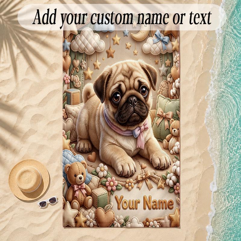 Pug Theme Soft Beach Towel Personalized Custom Name Text Towel Portable for Beach Pool Travel