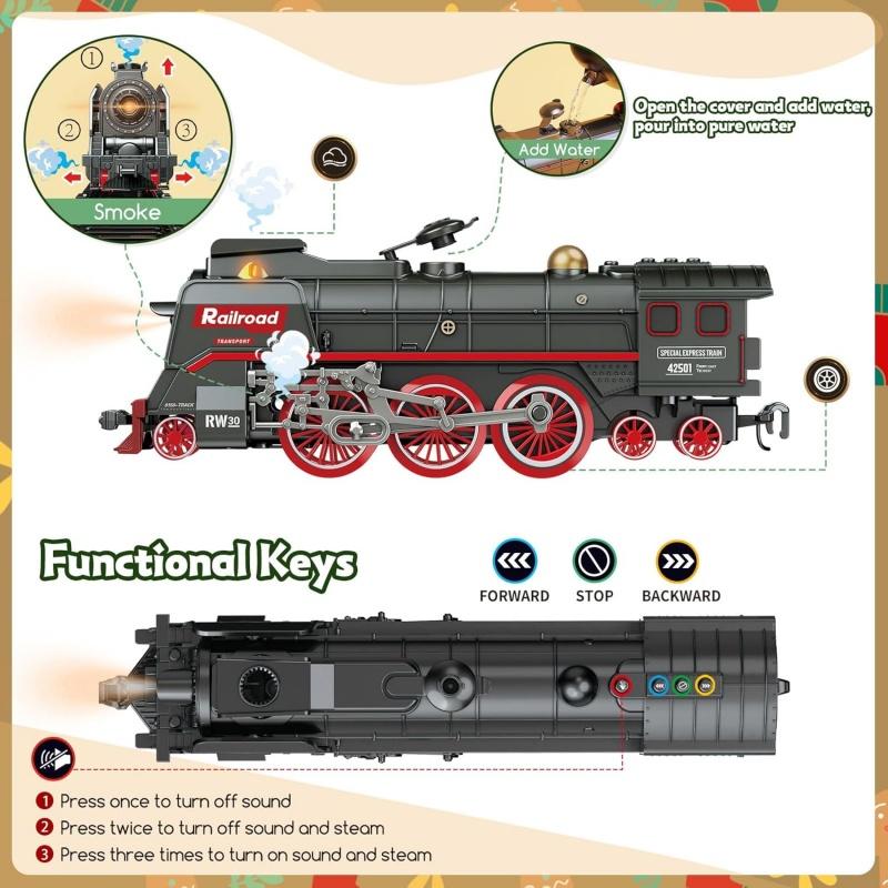 Retro Steam Train Set with Smoke Effect, Lights & Sounds, USB Rechargeable Christmas Train Railway Kits for Kids Holiday Gifts