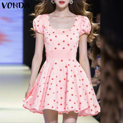 Damen Quadratischer Ausschnitt Puffärmel Polka Dots Lässig Faltenkleid