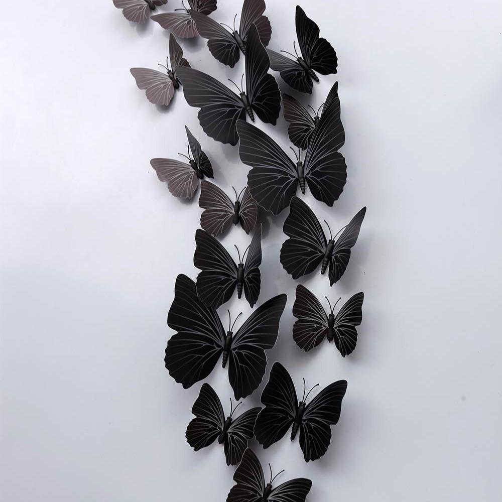 3D Black Solid Color Butterfly Wall Sticker Set - 12 Magnetic Pieces with Adhesive