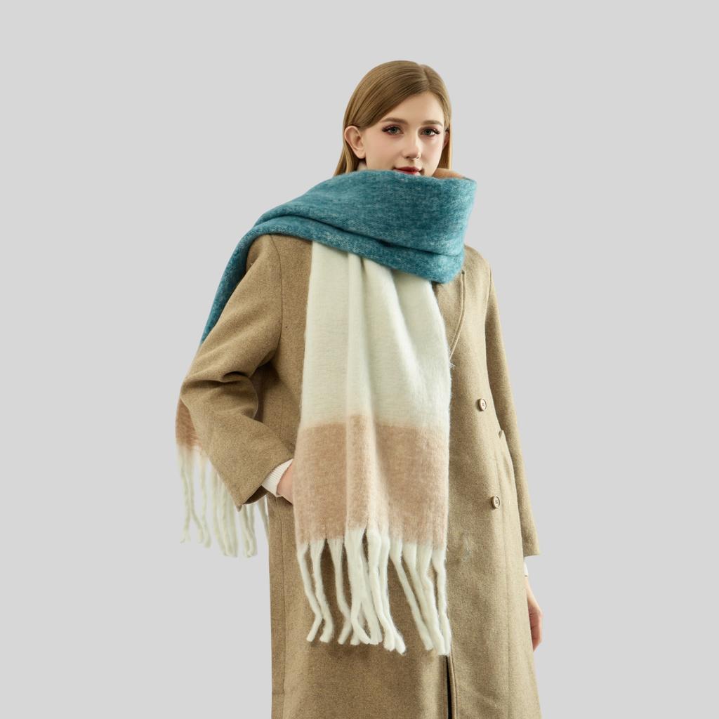 New Mohair Color Matching Fringed Scarf Women's Autumn and Winter Advanced Sense Contrasting Colors Thickened Warm and Comfortable Versatile Scarf