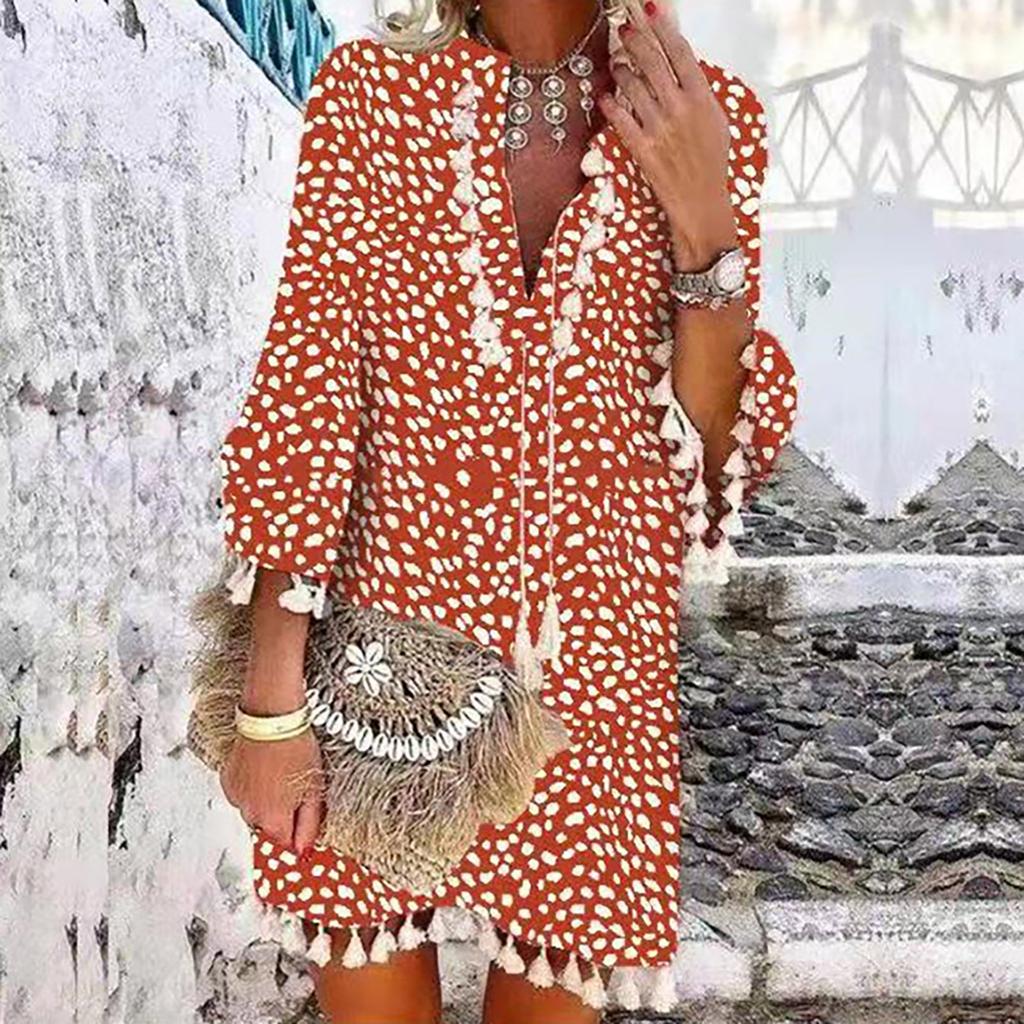 Women Three-quarter Sleeve Boho Polka Dot Printed Dress Tassel V-neck Dress