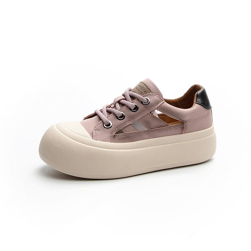 Summer new breathable leather hollow women's shoes soft sole versatile single shoes casual style retro board shoes women