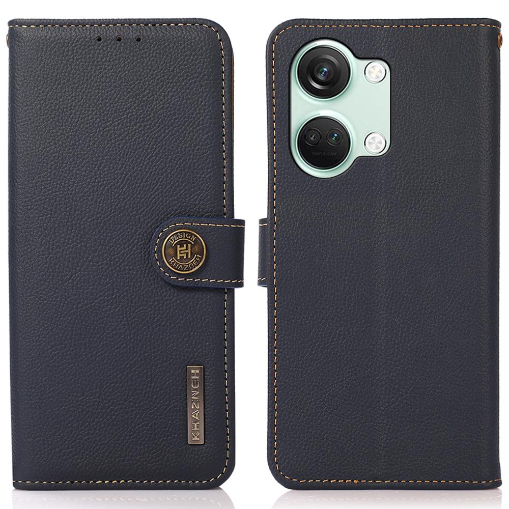 

KHAZNEH For OnePlus Nord 3 5G/Ace 2V RFID Blocking Wallet Case Fall Protection Genuine Cow Leather Stand Phone Cover Blue