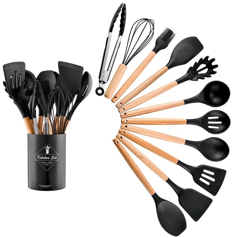 Conjunto Utensílios de Cozinha de Silicone Colorido de 11 Peças com Cabos de Madeira