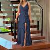 2026 Spring and Summer V-neck New Slim-fit Evening Dress Suspender Long Dress European and American Style Sexy Ruffle Edge Split Dress
