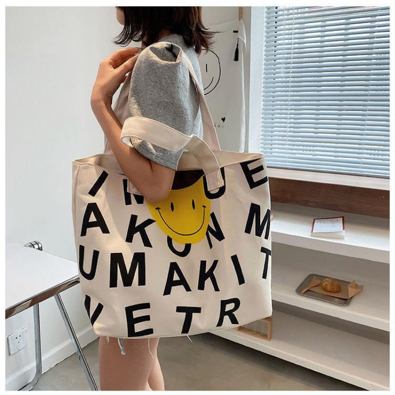 Women's Large Capacity Smiley Face Canvas Tote - Fashionable Single Shoulder Shopping Bag