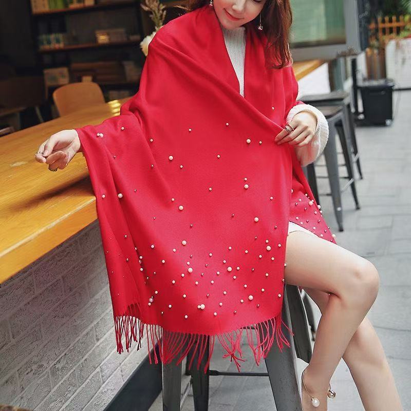 Yto Scarf Women's Luxury Pearls Solid Color Cashmere Scarf Winter Warm Pashmina Scarves Tassel Casual Bufanda Poncho Lady Wraps Shawls