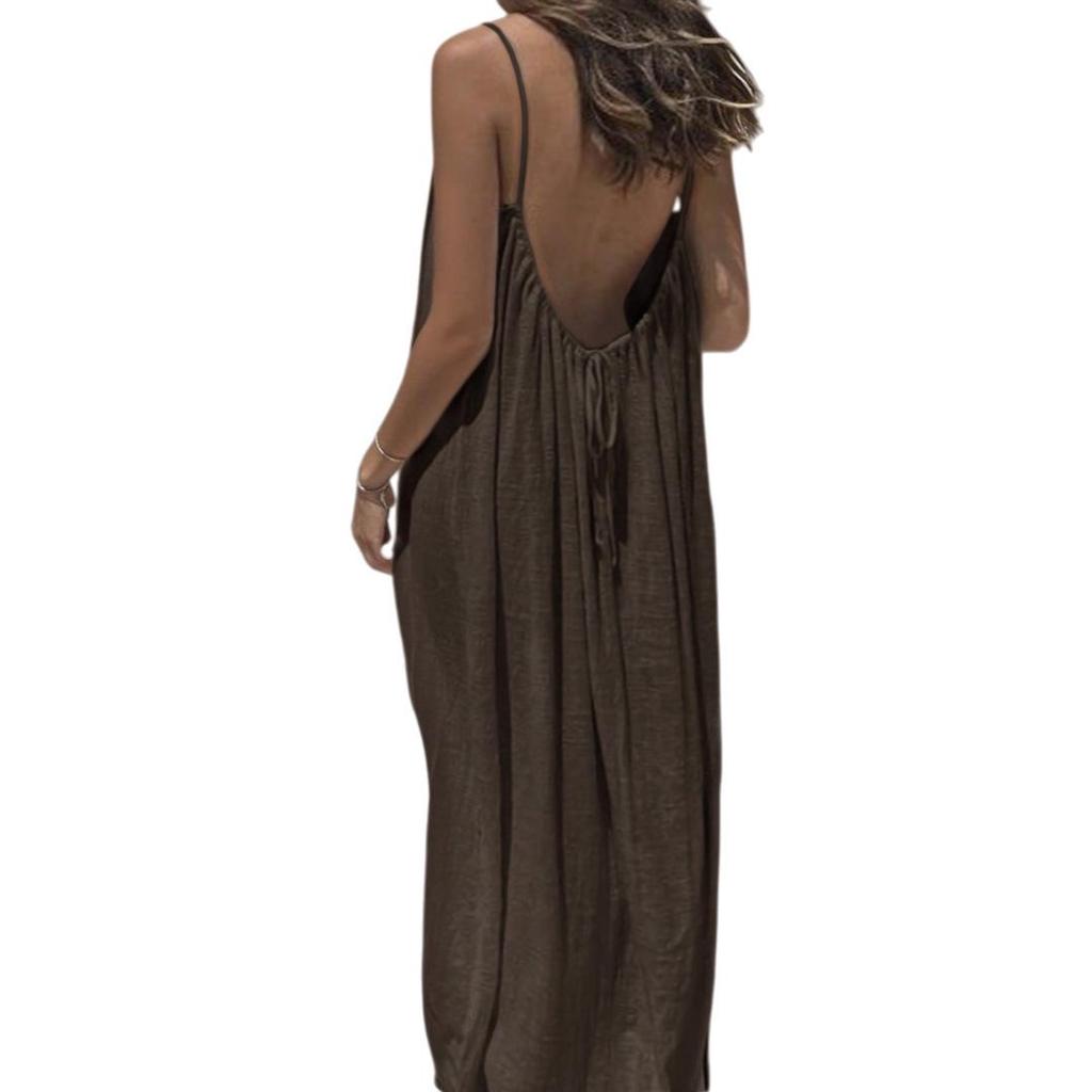 Backless Halter Ice Silk Long Dress - Women's Summer Solid Color Shirred Maxi Skirt