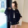 2026 Autumn Women's Retro Fleece-Lined Baseball Jacket: College Style, Loose Fit, Printed Design