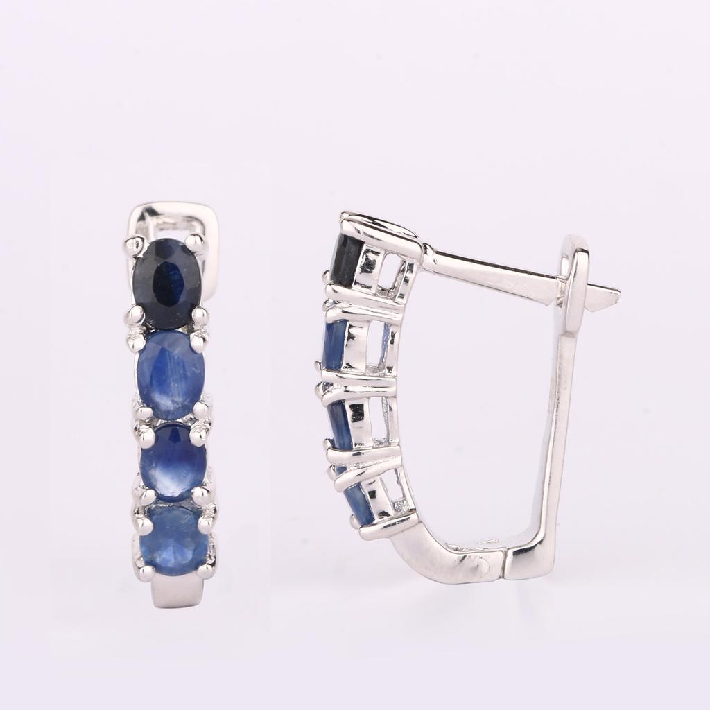 Blue Sapphire Oval Earrings 925 Sterling Silver Rhodium Fine Jewelry Gift for Her