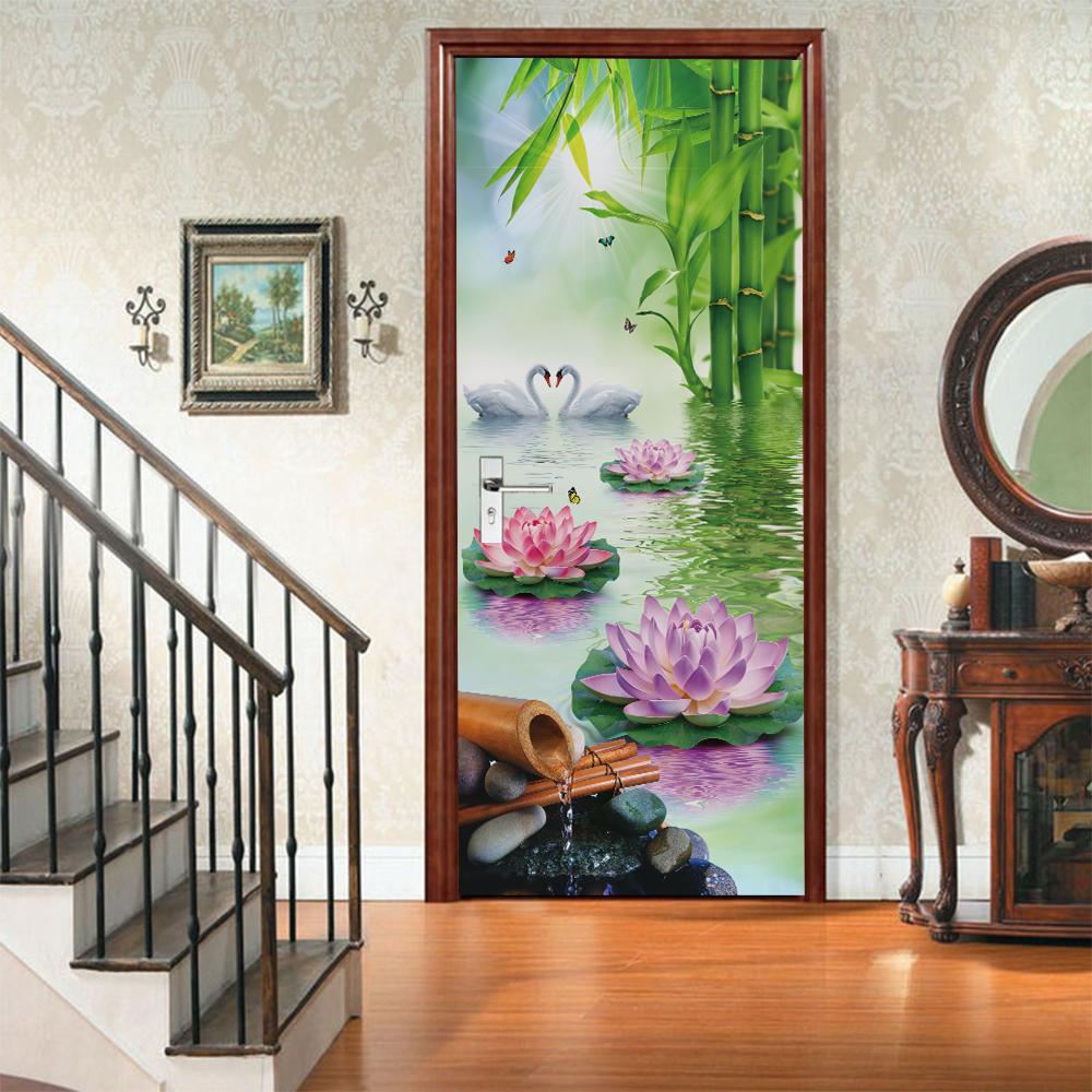 3D Door Mural Sticker Peel and Stick Door Wallpaper Golden Buddha Castle Moon Mermaid Flower Home Decor Removable