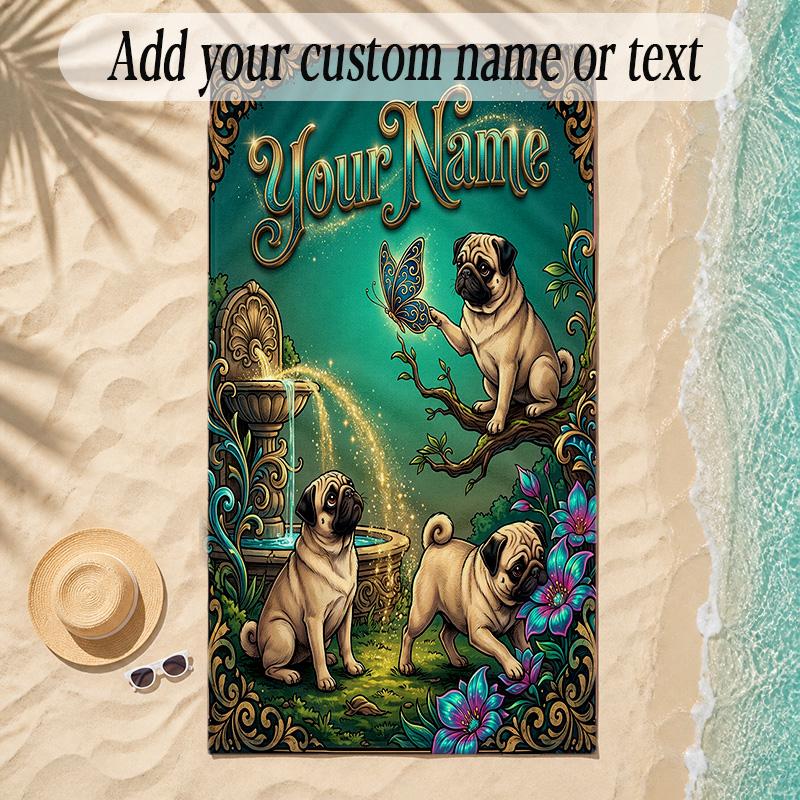 Pug Theme Soft Beach Towel Personalized Custom Name Text Towel Portable for Beach Pool Travel