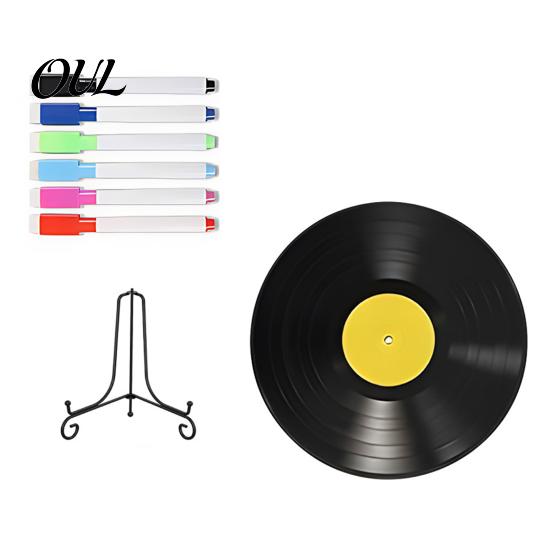DIY Commemorative Ornaments Vinyl Record Graffiti Clock Ornament, Blank Acrylic Retro Tabletop Wall Creative Craft Projects Decor with Stand, Reusable