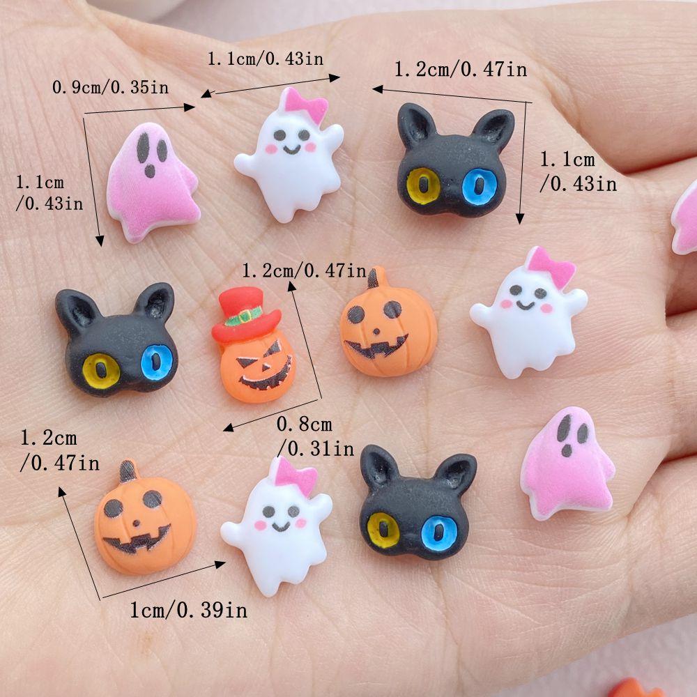 30Pcs New Cute Resin Halloween Pumpkin, Ghost, Cat Series Flat Back Ornament Jewelry Making Manicure Hairwear Accessories