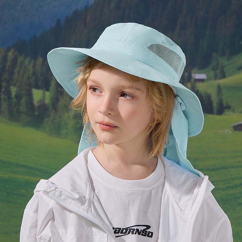 

Children s hat summer outdoor travel visor big brim shawl neck protector bucket hat solid color breathable sunscreen hat
