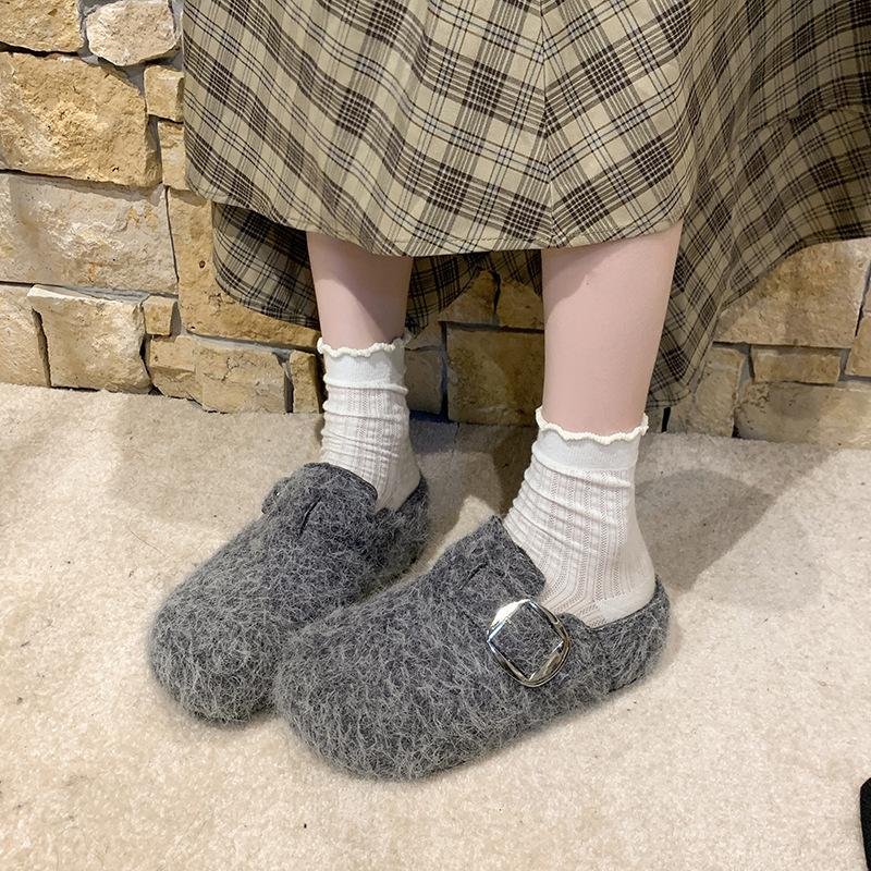 Retro Filz Dicksohlige Taschenkopf Halbschuhe Damen Außenbekleidung 2025 Herbst und Winter Neue Samt High-End Muller Baumwollpantoffeln