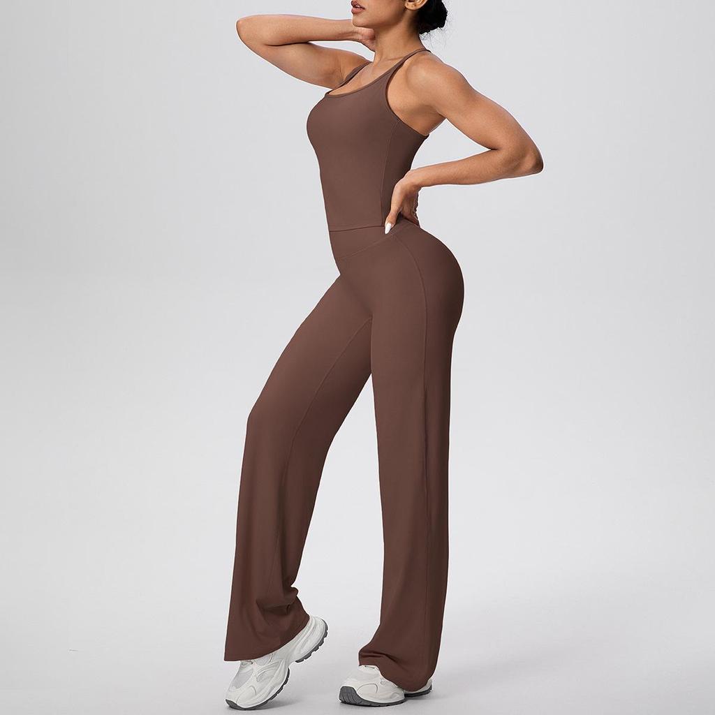 Solid Color Racerback Tank & High Waist Wide-Leg Yoga Pants Fitness Set