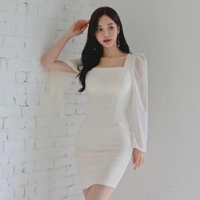 Square Collar Slim Fit Trumpet Sleeve Splicing Short Skirt - Women's Autumn Korean Style Dress