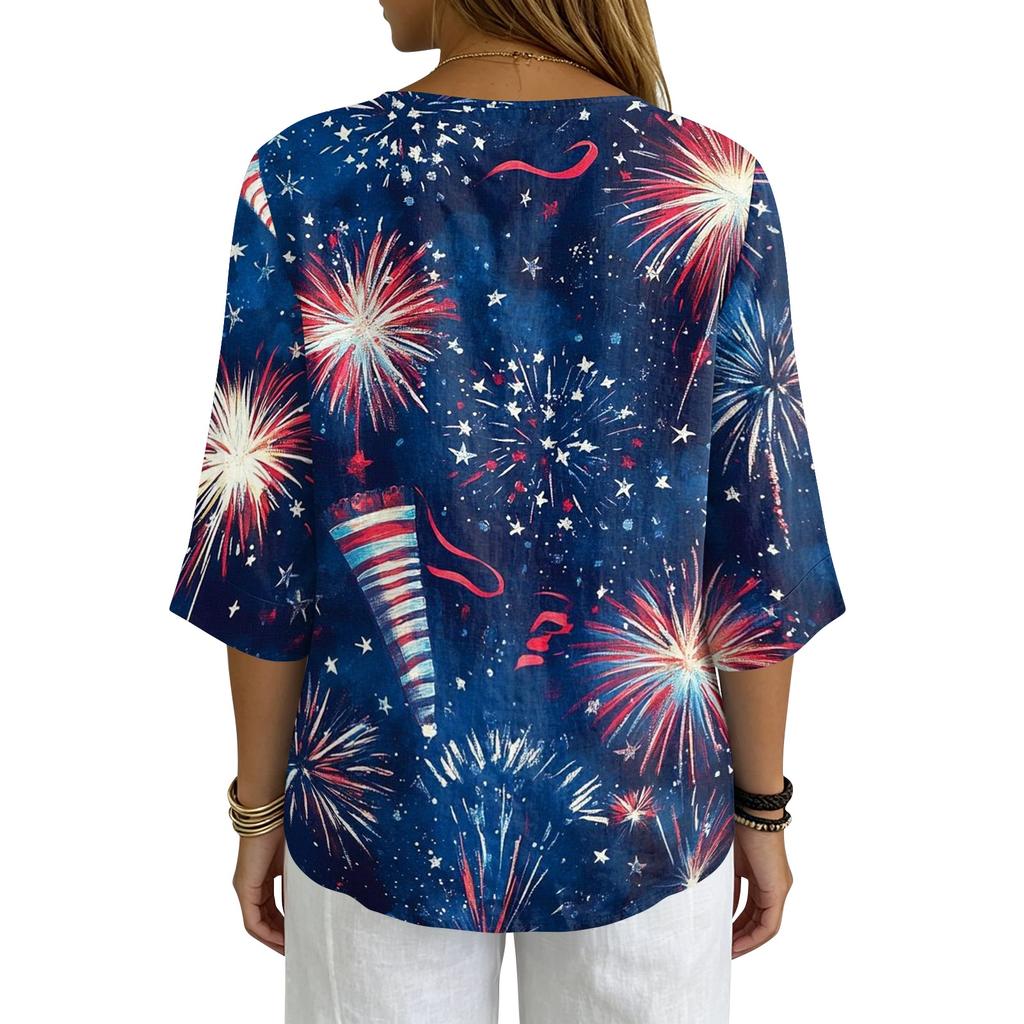 Women's Casual V-Neck Button Three-Quarter Sleeve Fourth of Print Pullover T-Shirt