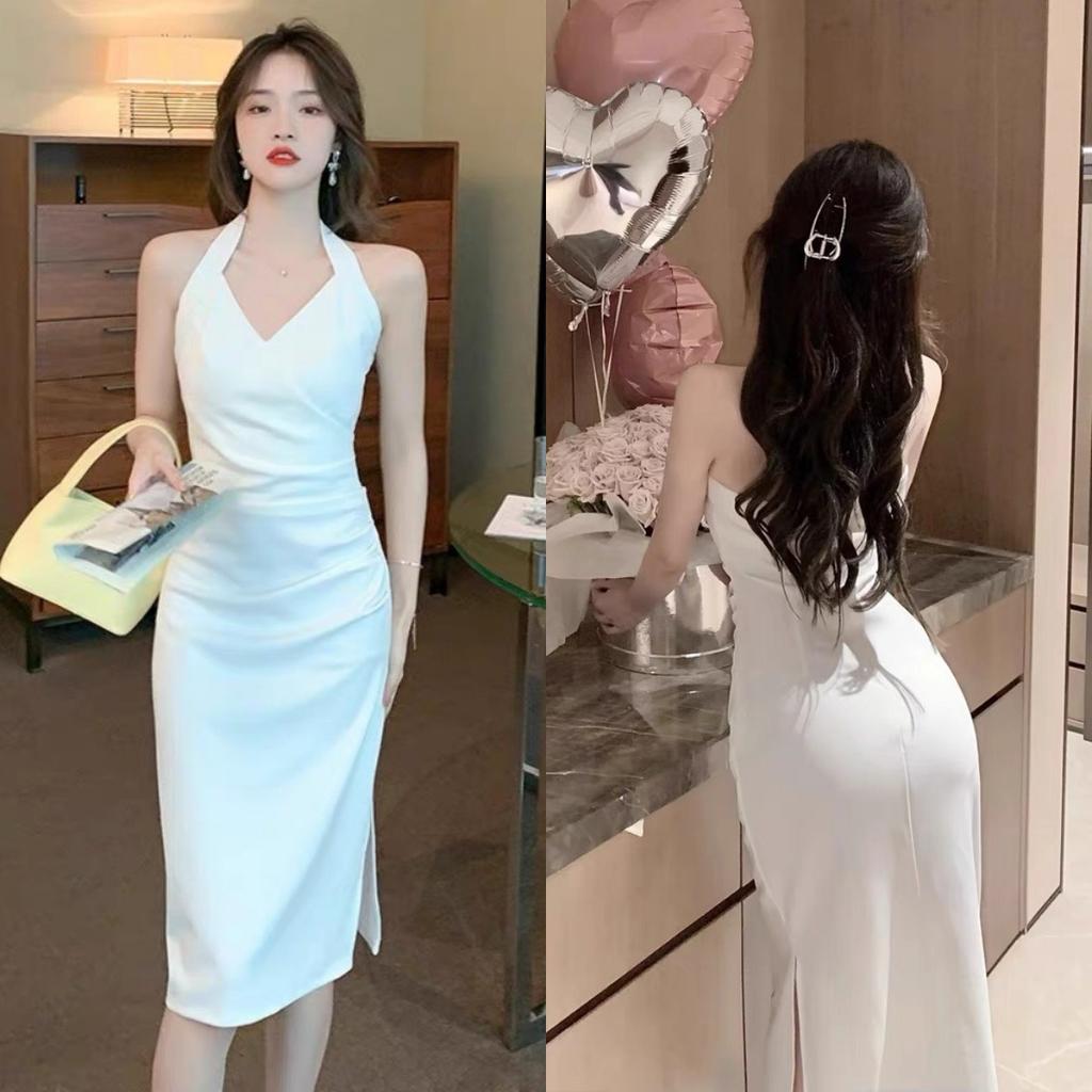 L Sexy temperament neck sling banquet dress dress woman, sleeveless waist split fork solid color hip wrap dress