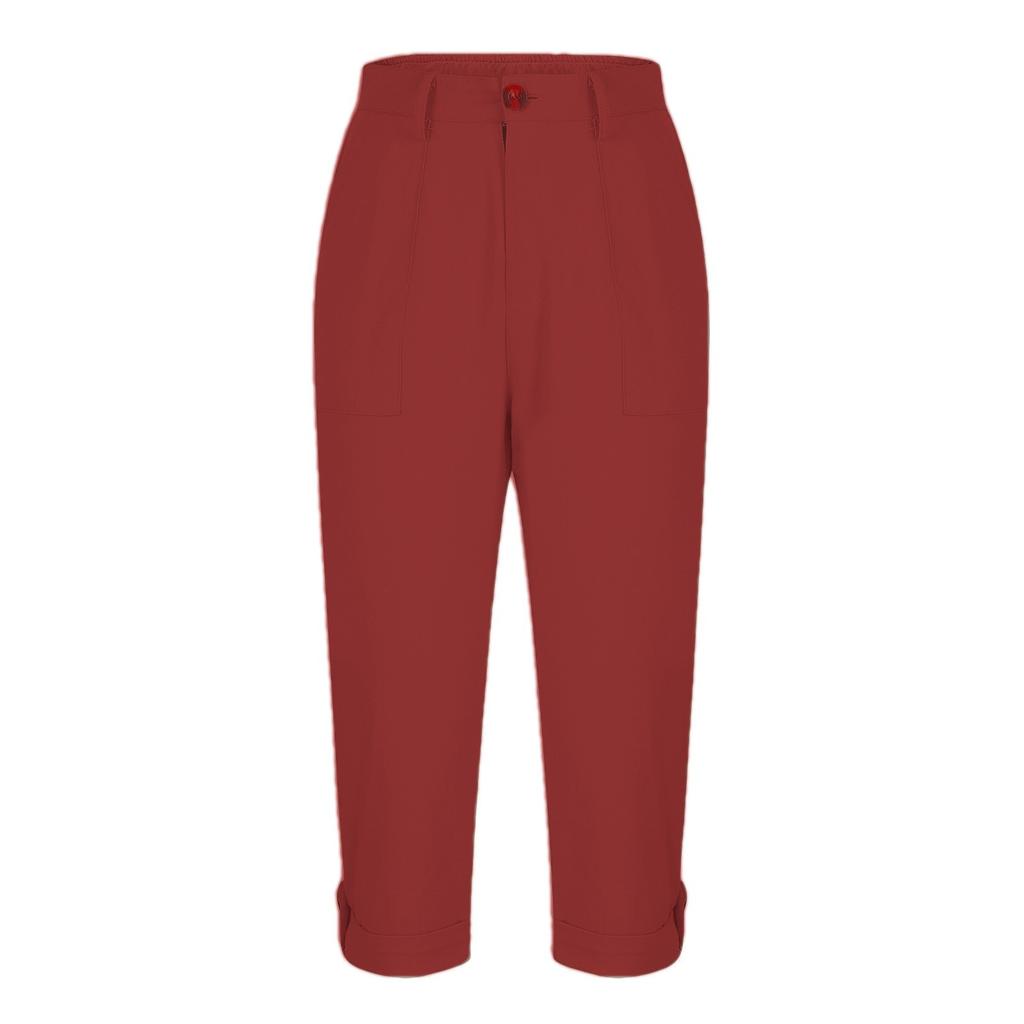 Women Casual Capri Pants High Waisted Rolled Cuff Ankle Pants Solid Color Pocket Detail Loose Fit Trousers