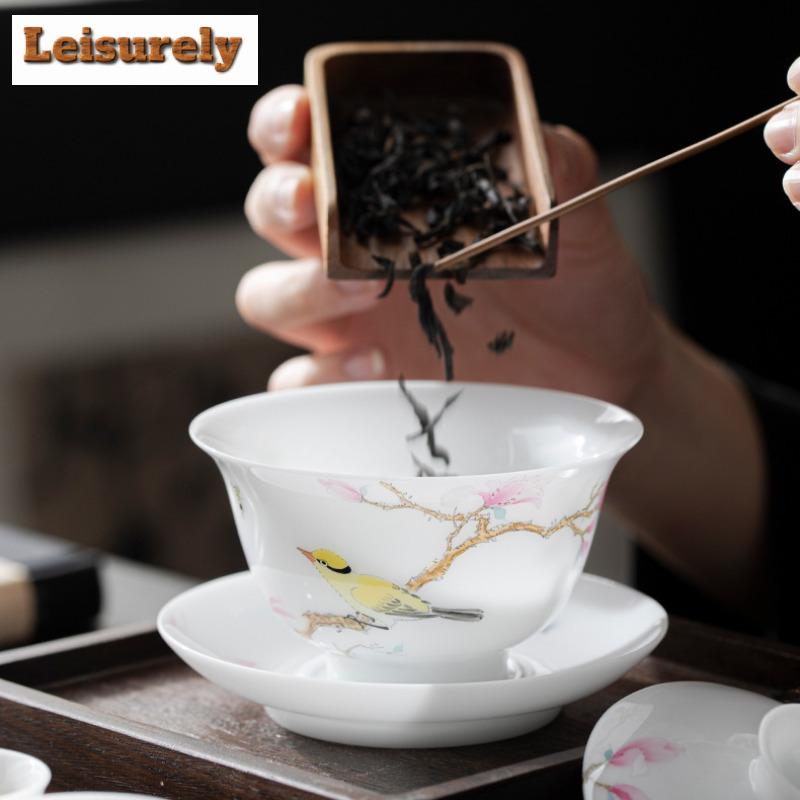135ml butikový nefritový porcelán Gaiwan, ručně malovaná květinová a ptačí čajová mísa, kryt na čajový konvici, miska, kavárny, dárky