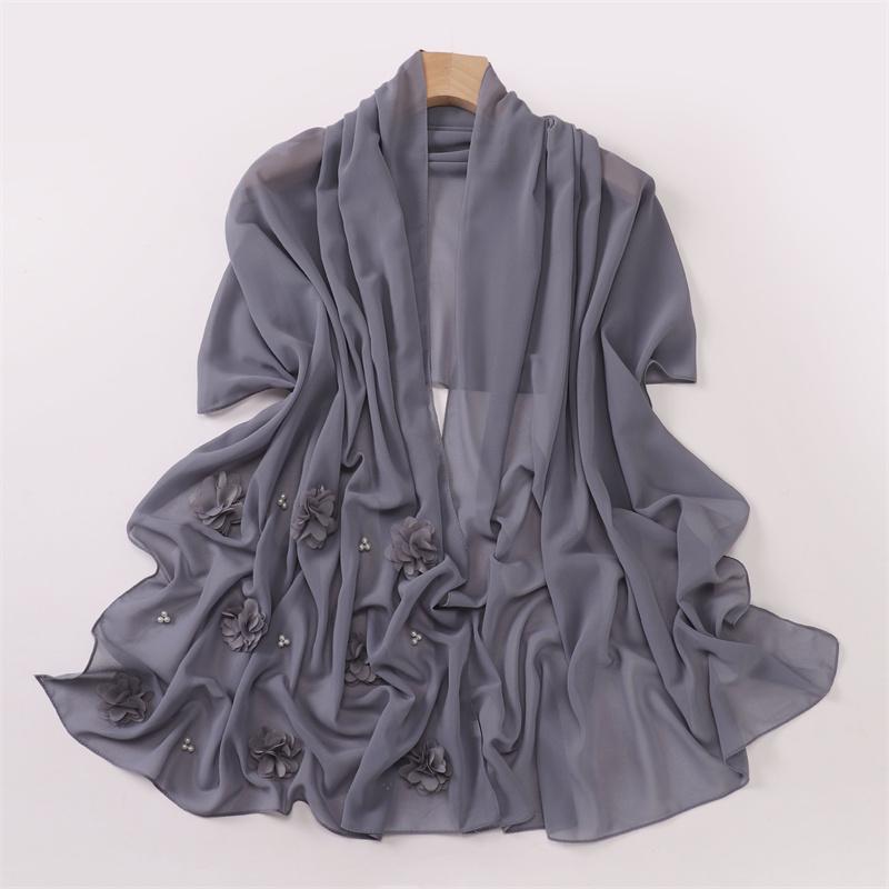 Einfacher Stich Rose Floral Blasen Chiffon Hijab Ramadan Perlen Schals Tücher Damen Sonnenschutz Kopftuch Outdoor Winddicht Kopfwickel