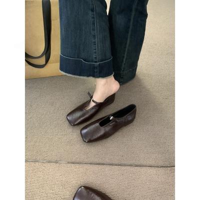 Small Brown Leather Shoes with Soft Soles and One Pedal, Doudou Shoes, Spring and Autumn Korean Square Head Deep Mouth Single Shoes