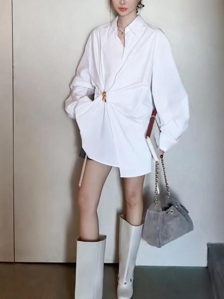 Spring 2026 French-Inspired Slimming White Long-Sleeve Mid-Length Shirt for Women