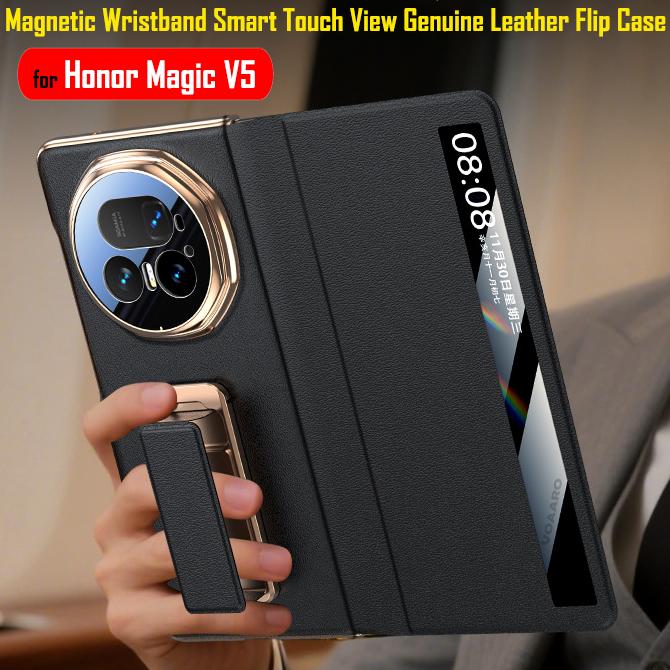 Smart Touch View Genuine Leather Flip Funda for Honor Magic V5 Case for Honor Magic V5 Case Magnetic Wristband Kickstand Cover