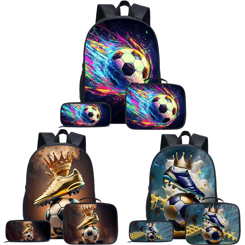 Football Printed Pattern Backpack Cool and Personalized Three Piece Set for Boys Large Capacity Backpack, Meal Bag Pencil Case