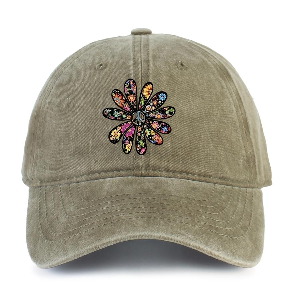 Hippie Peace Sign Flower Print Washed Denim Baseball Cap Vintage Casual Sun Hat Unisex