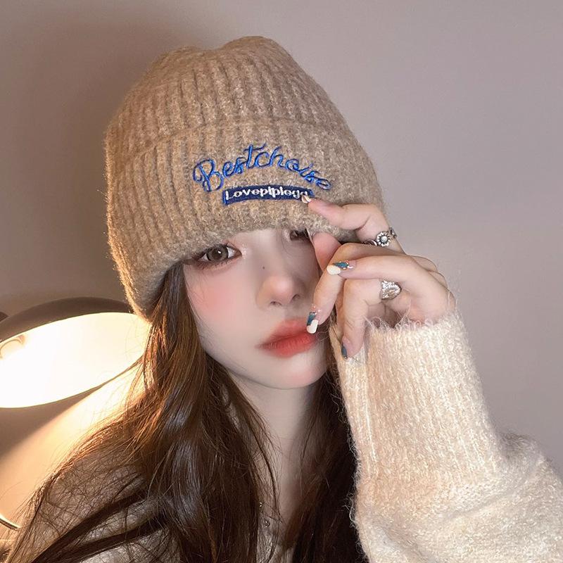 Korean Style Trendy Brand Embroidered Knitted Hat Autumn and Winter Woolen Hat Female Ins Student Couple Letter Pullover Cold Hat Ear Protection Hat