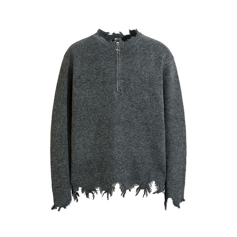 

Unisex Distressed Half-Zip Retro Sweater - Casual Loose Knit for Spring L