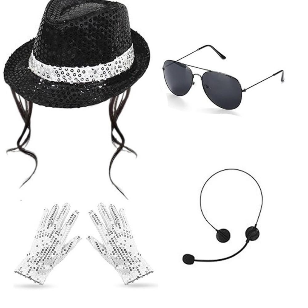 Rhinestone Gloves Costume Accessories Set Sequin Fedora Hat Halloween Costume 80s Theme Party