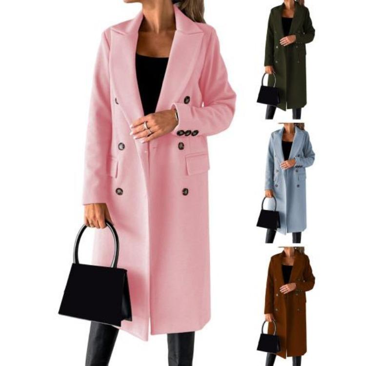 Women Thermal Woolen Overcoat Mid Length Double Breasted Turn Down Collar Solid Color Long Sleeved Jacket for Commuting Dating Spring Fall and Winter