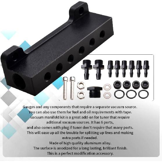 6 Port Vacuum Block Intake Manifold Kit Fuel Wastegate Turbo Boost 1/8NPT Compatible with Boost Controllers and Meters,for Racing