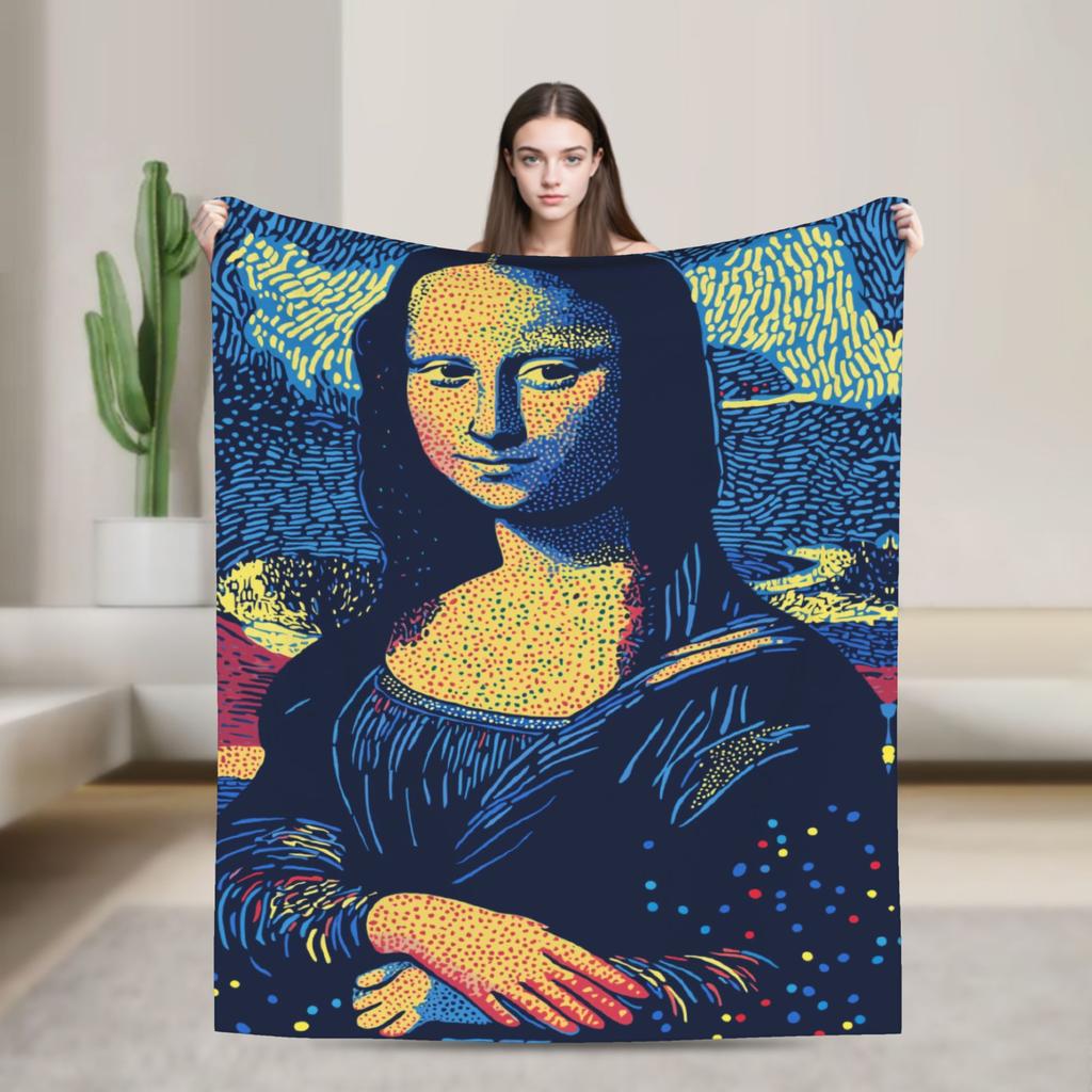 Starry Night Mona Lisa Throw Blanket Cozy Fashion Blanket  For Couch Chair Travel Car Flannel Bedspread Bed Cover