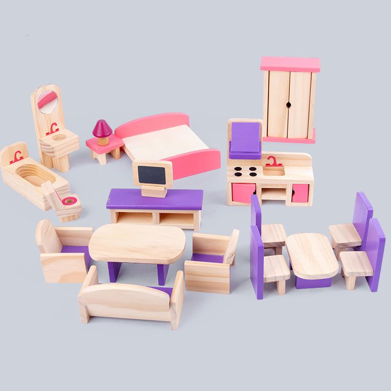Wooden Children's Mini Simulation Doll Sofa Cabinet Wardrobe Small Furniture Set Playing House Girl Parent-child Toy