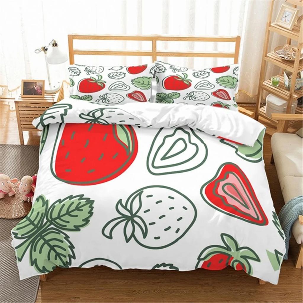 Strawberry Duvet Cover Set Cartoon Pink Fruit Print Comforter Cover Set for Boy Girl Teen Sweet Strawberry Room Decor Bedding