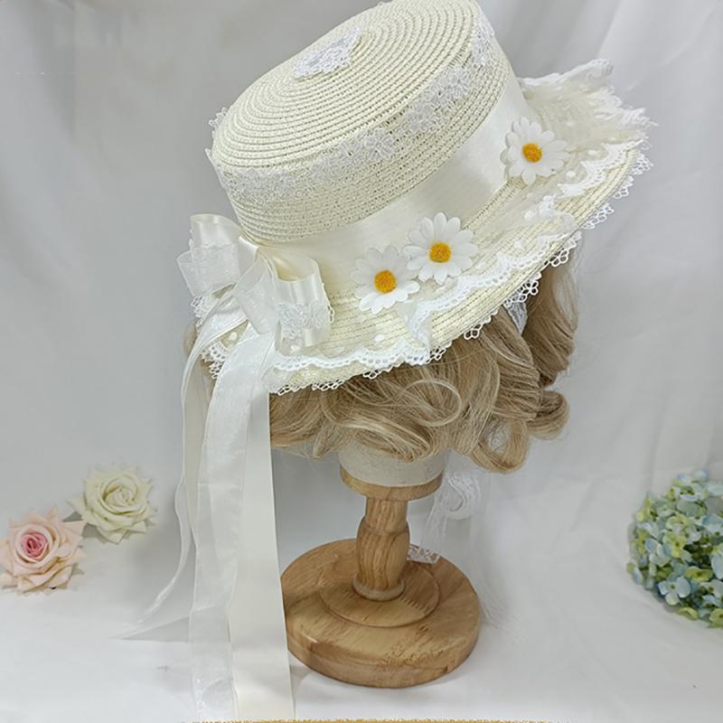 

Chrysanthemum Straw Hat Bow Ribbon Sunshade Hat Lolita Girl Maid Cosplay Lace Pastoral Hat For Women Gift
