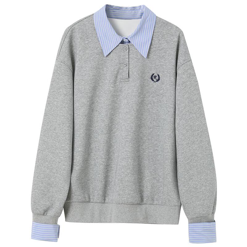 Sancai Women's Faux Two-Piece Striped Embroidered Fleece Sweatshirt