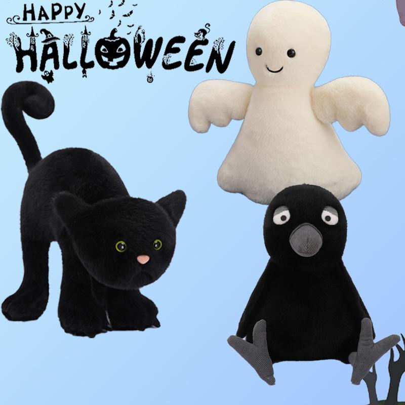 Halloween Black Crow Stuffed Bird Doll Halloween Black Cat Owl Wear Hat Plushie Toy Halloween Gifts Children's Birthday Gift