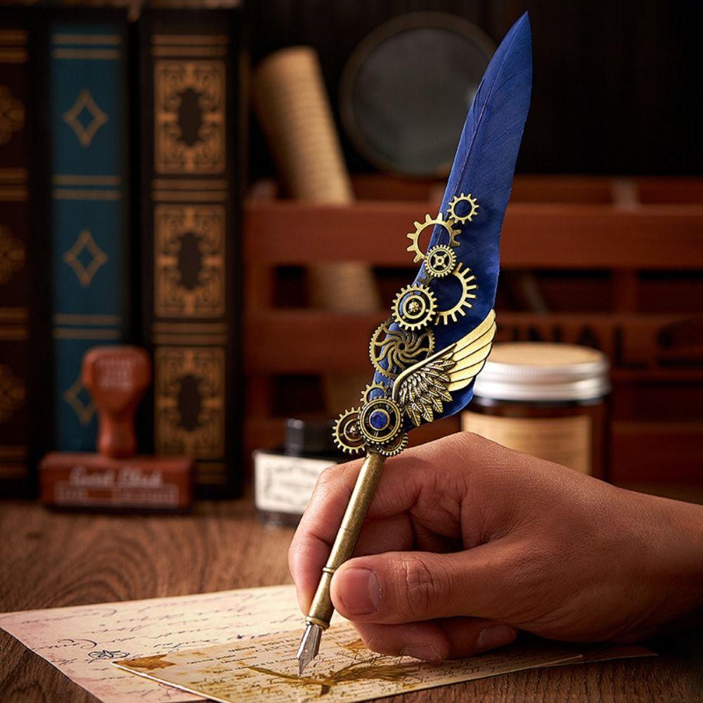 Replaceable 5 Nib Metal Signature Pen Retro Punk Feather Pen  Writing Accessories