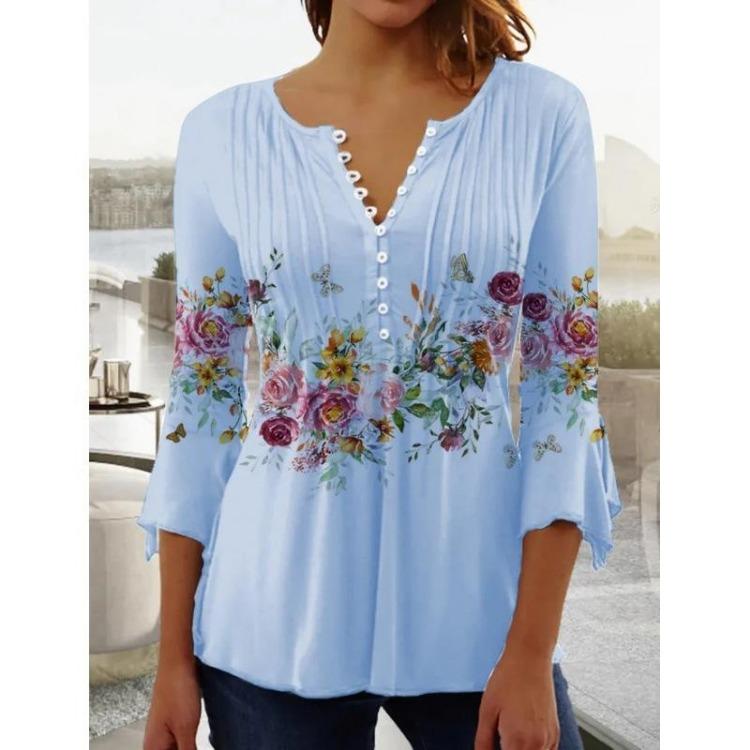 V-neck Short Sleeve Women's Top Summer Floral Print Spring Casual Professional Fashion New Clothing