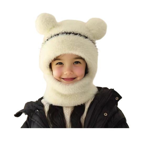 Children Hat with Face Guard Double Plush Ball Decor Solid Color Windproof Ear Protection Baby Hat Woolen Knitted Hat