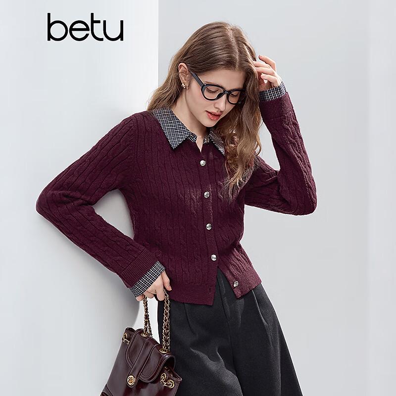 Betu Women's 2025 Winter Plaid Patchwork Turn-Down Collar Fake Two-Piece Sweater